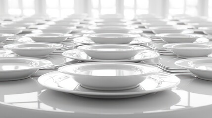 Fototapeta premium A Minimalist Arrangement of White Plates in a Bright and Spacious Dining Area with Natural Light Streaming In