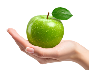 Hand Holding Green Apple with Leaves, Isolated PNG.