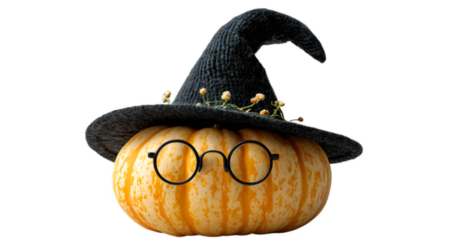 Pumpkin with witch hat and glasses, isolated on white background