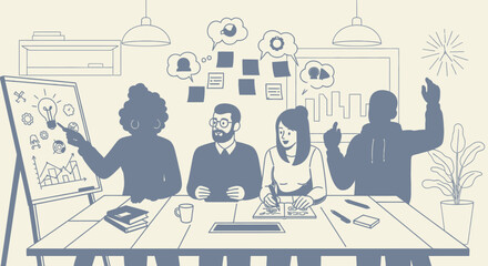 Creative business team collaboration brainstorming ideas at meeting room monochrome