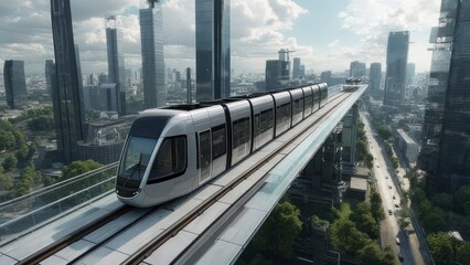 Naklejka premium Futuristic elevated train traversing a glass track above a sprawling metropolis, showcasing sleek design against a backdrop of modern skyscrapers and green spaces