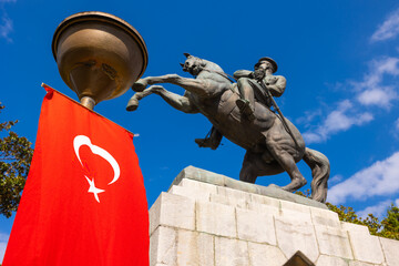 Ataturk Monument with Turkish Flag. National Holidays of Turkey
