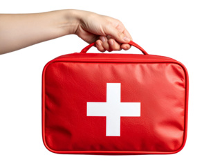 Safety Concept. Hand Presenting Red First Aid Box, Transparent Background.