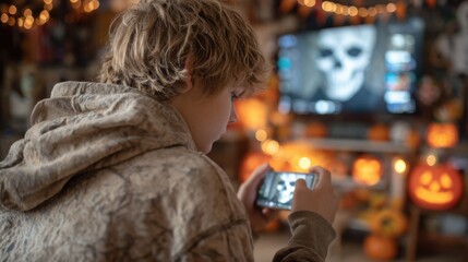 Fototapeta premium Teenage boy in hoodie playing on smartphone with Halloween pumpkins and spooky movie in background. Digital leisure, seasonal entertainment, Gen Z Halloween, cozy tech culture.