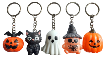 Set of 5 Halloween keychains, isolated on white background