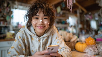 Young Asian child with whisker face paint smiling while holding smartphone at a festive kitchen table. DIY costumes, digital play, creative childhood, seasonal tech moments.