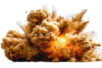 Fiery Brown Explosion with Smoke and Dust Isolated on Black Background