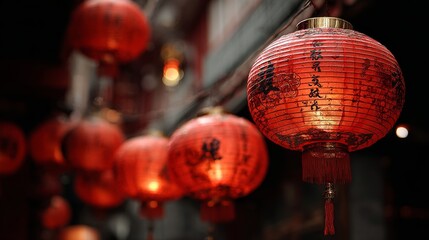 Fototapeta premium Decorative Red Paper Lanterns Suspended in Rows for Asian Festival and Cultural Celebration