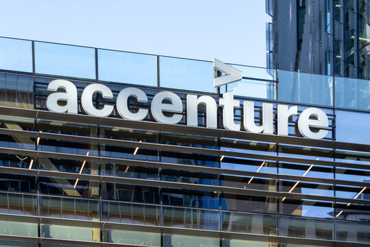 Sydney, Australia - August 12, 2025: Close up of Accenture sign on the office building in Sydney, Australia. Accenture plc is a multinational professional services company. 