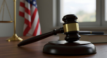 American Justice Gavel Law Legal Courtroom Judge Lawsuit Verdict Decision Hammer Symbol of Law