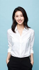 Confident Asian businesswoman in white shirt and black pants standing against light blue background with copy space for marketing or advertising campaign with friendly smile