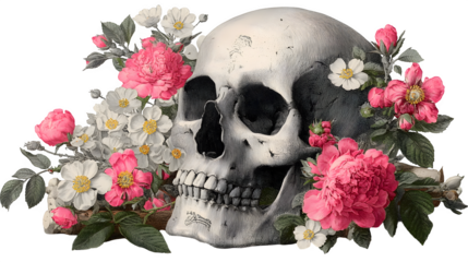 Skull and crossbones with flowers, isolated on white background