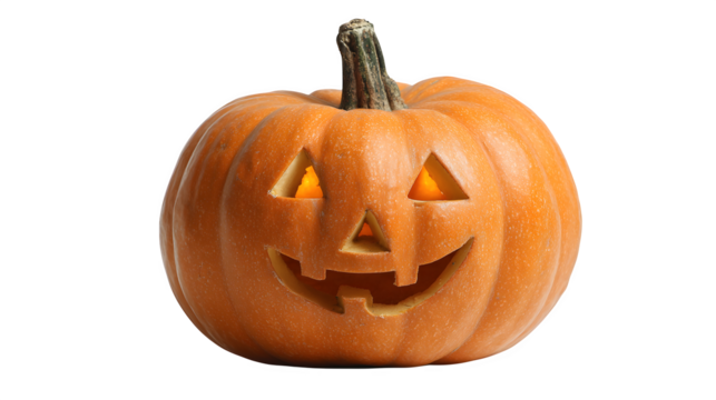 Jack-o-lantern with classic triangular eyes glowing warmly, isolated on white background
