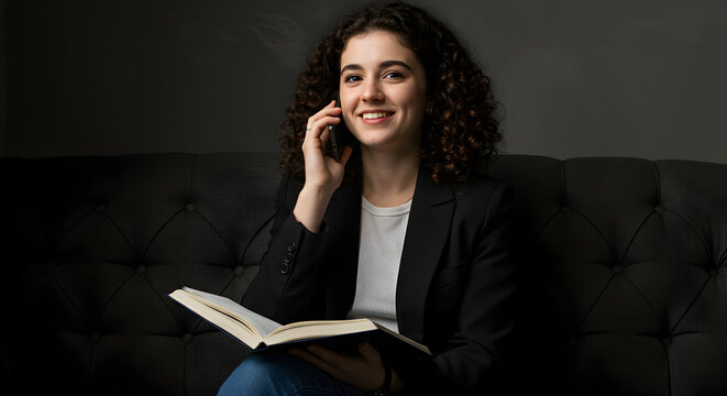 Happy young businesswoman on phone call multitasking reading book at home successful career lifestyle