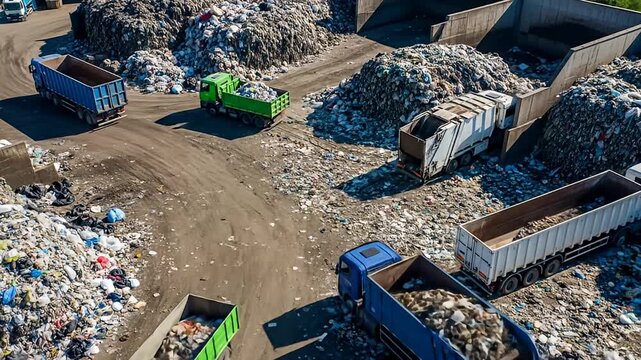 An aerial shot captures waste trucks amidst mountains of trash at a processing plant