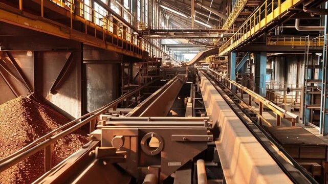 Industrial conveyor system inside heavy manufacturing plant with raw material processing lines, automated factory interior, large scale production facility, mining and metal processing industry, mecha