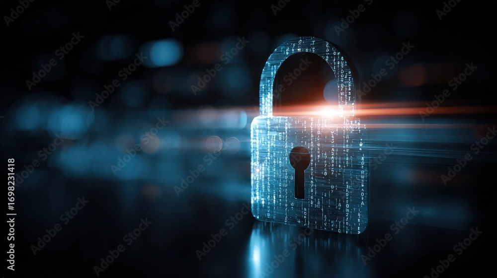 Poster a digital illustration of a glowing padlock symbolizing security and data protection in a futuristic