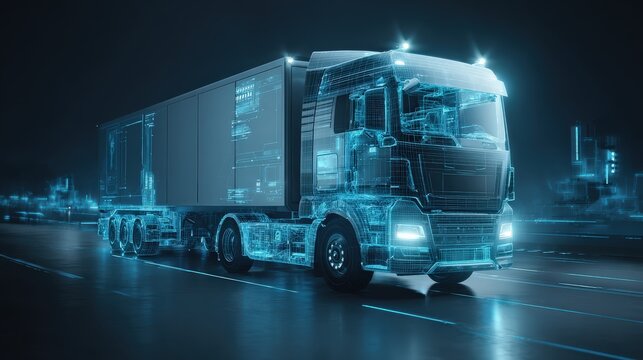 A futuristic truck is depicted in a digital, glowing design, showcasing technological advancements in transportation.