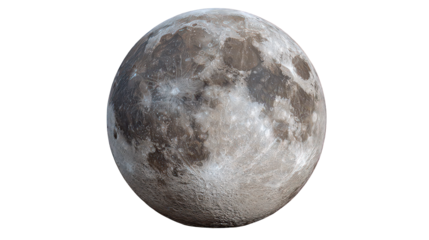 Full Moon Close Up, Detailed Lunar Surface, Grey and Silver Hues, Transparent Background