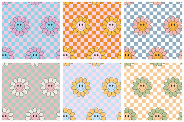 Seamless groovy pattern set with smiling flowers on checkered background, colorful retro style vector design for textile, wrapping paper and wallpaper.
