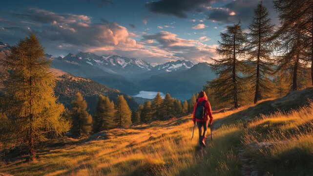 女性が登山装備で山の草原を歩く