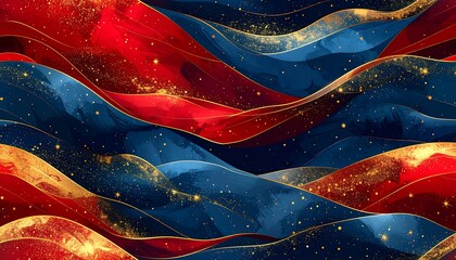 Wavy, abstract design featuring red, blue, and gold. Resembles fluid motion and vibrant colors.