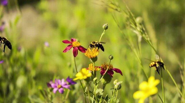 Bees flying around colorful wildflowers in sunny meadow, pollination in action showing nature balance, biodiversity, spring ecosystem, environmental harmony, and vibrant outdoor wildlife scene