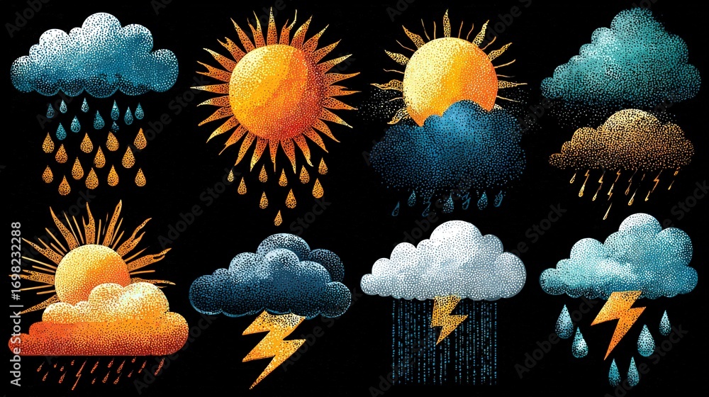 Poster clouds and suns with rain and lightning is a well-descriptive title for an artwork depicting various