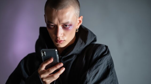 Young Arab man with dramatic makeup staring at his phone under moody lighting. Digital disconnection, tech fatigue, Gen Z emotional isolation, screen-bound identity.