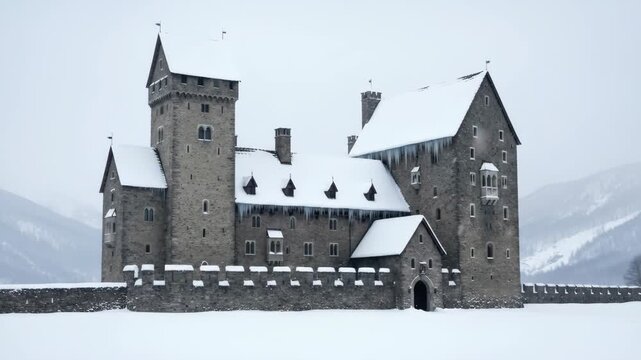 Medieval Castle in Winter, Austria, Anif, Snow Covered, Stone Fortress,  Frozen Landscape, , Winter Wonderland, European Heritage