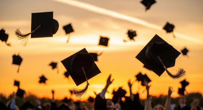 Graduates celebrating their achievement throwing caps in the air at sunset
