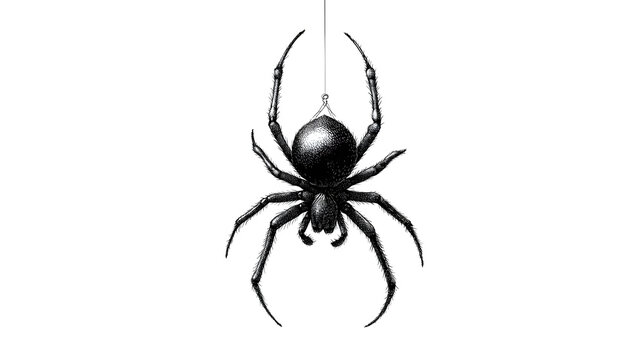 Simple spider dangling from thin thread line art isolated on white background