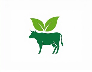 Minimalist logo style illustration of a cow silhouette with green leaves, eco farming