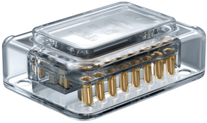 Clear plastic enclosure houses a gold-colored terminal block with multiple connections