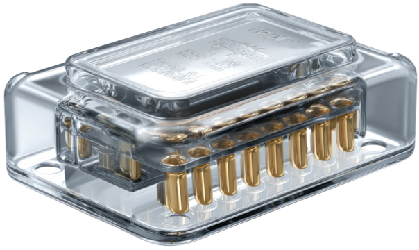 Clear plastic enclosure houses a gold-colored terminal block with multiple connections