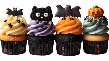Set of 4 spooky cupcakes with Halloween toppings, isolated on white background