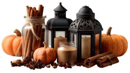 Cozy lanterns with cinnamon sticks and pumpkins, isolated on white background