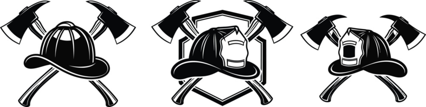 Iconic firefighter helmets and axes symbolize bravery and emergency services.