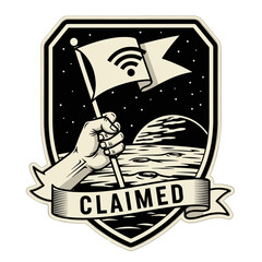 CLAIMED vector illustration of a hand planting a Wi-Fi flag on the moon. A concept of digital colonization, internet expansion, and space exploration.