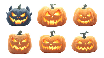 HD realistic clipart set of glowing jack-o-lantern faces floating isolated on white background