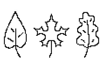 pixel leaves outline set isolated vector illustration autumn nature foliage collection 8bit retro style maple oak birch simple digital line art icons for games seasonal design print and decoration