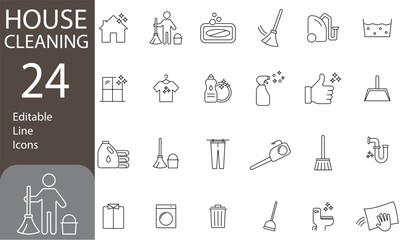 House Cleaning Editable Line Icons Set. Sponge, vacuum cleaner, containing washing, broom, soap, maid, laundry, home cleaning, and more. Pictograms and infographics, Vector illustration