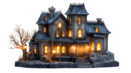Haunted house miniature figurine with glowing windows, isolated on white background