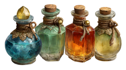 Collection of 4 crystal potion bottles, isolated on white background