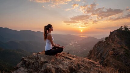 Woman meditating in lotus pose on mountain cliff at sunset with scenic view of valley and horizon