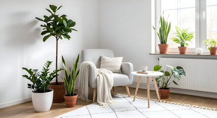 Bright Minimalist Living Room with Houseplants