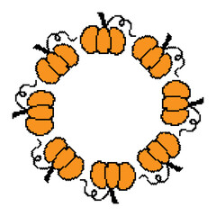 pixel pumpkin wreath circle frame autumn harvest decoration retro 8bit style orange gourd seasonal border design thanksgiving halloween digital art isolated minimal pixelated illustration