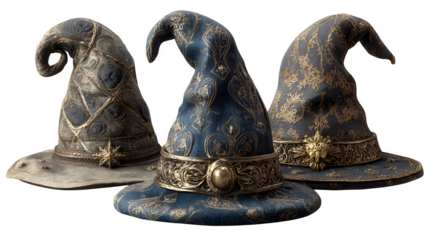 Trio of witch hats in different designs, isolated on white background