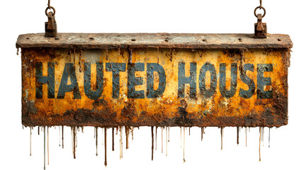 "Haunted House" rusted metal signboard style with dripping rust, isolated on white background