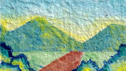 Artwork watercolor painting of mountain landscape view with beautiful blue sky on textured recycled paper. Abstract background of landscape view in watercolor painting on recycled paper.